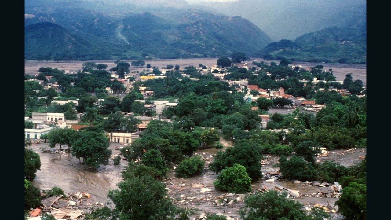 Aerial view dated 18 November 1985 of the town of Armero, 130 kms west of Bogota, submerged by floods after the long-dormant Nevado del Ruiz volcano, quite since 1845, erupted spewing rocks, water, mud and ash over sleeping towns killing 24,000 and erasing the town of Armero. (Photo credit should read STF/AFP/Getty Images)