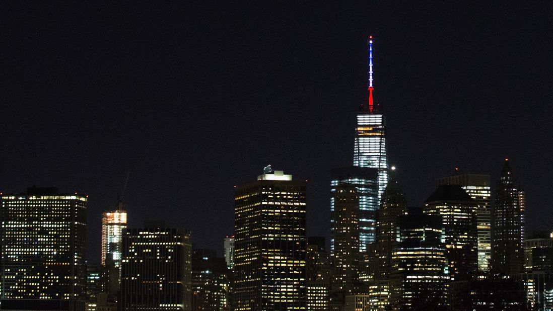 In New York, the antenna of One World Trade Center was lit on November 13.<br />
