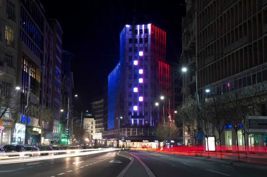 The Palace Albania building in Belgrade, Serbia, is lit in the colors of the French flag on November 14.