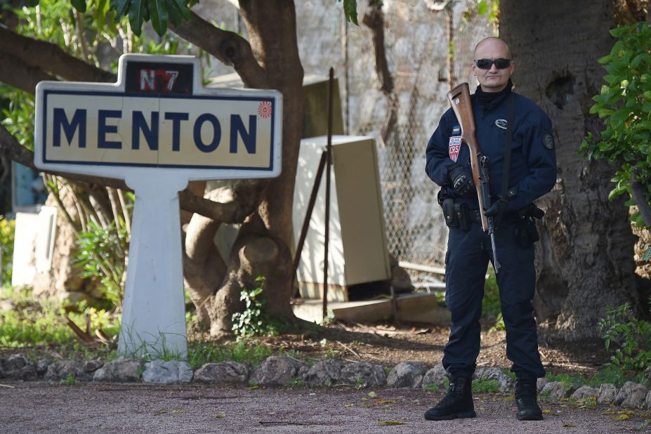 A French police officer guards the French-Italian border on November 14 in Menton, France.   