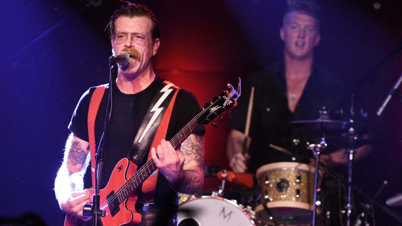 Musicians Jesse Hughes and Josh Homme of the band Eagles of Death Metal who performed in the Bataclan theatre last night.