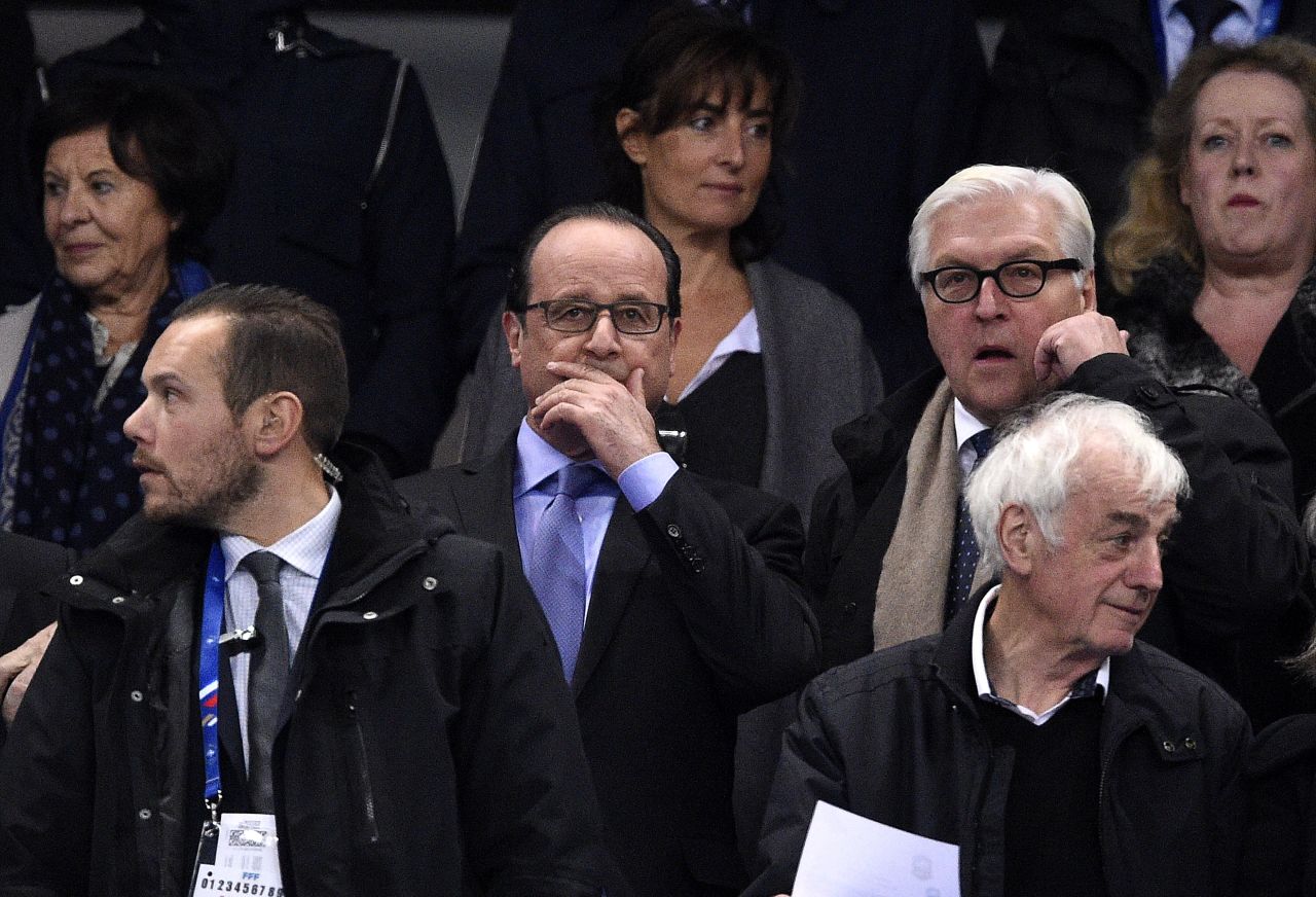 French president Francois Hollande and Germany's foreign minister Frank-Walter Steinmeier attended the match at the Stade de France.  