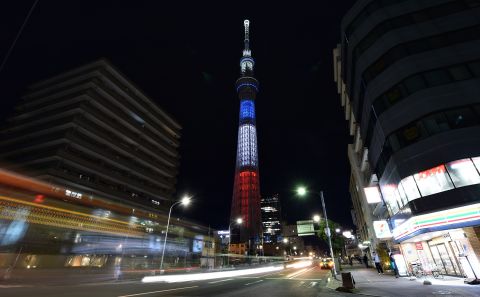 The Tokyo Skytree is lit up in the colors of the French flag on November 15.