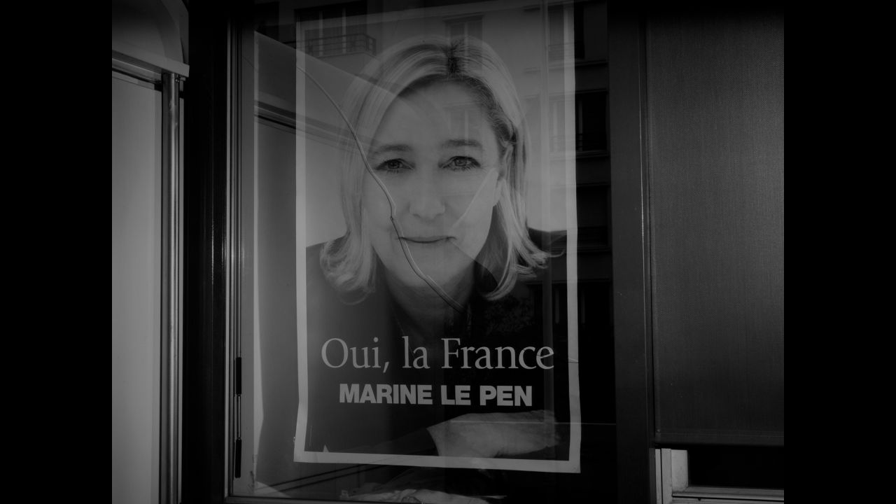 A poster of Marine Le Pen, the leader of France's extreme-right National Front party. <br />