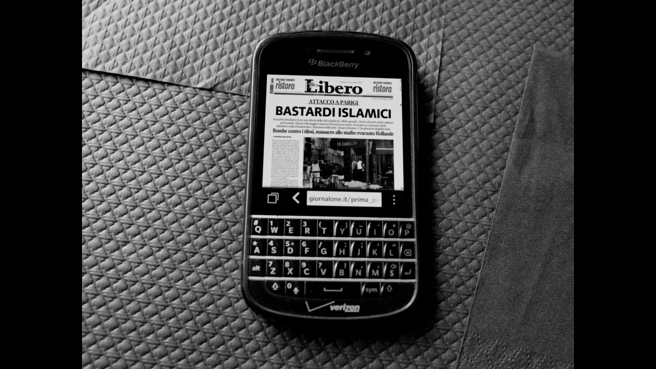 Majoli took this photo of his Blackberry after a friend told him about the headline -- Bastardi Islamici -- in the Italian right-wing newspaper. "It's a really shocking title for me. It's a hatred title," Majoli said.<br />