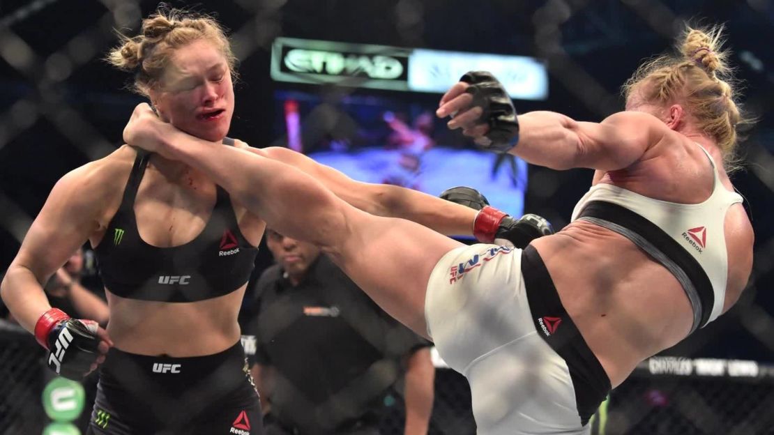 In her last fight, Rousey was knocked out by Holly Holm with a kick to the neck.