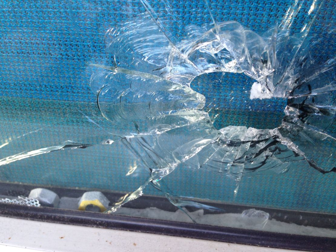 Bullet hole seen at the Stade de France on November 15.