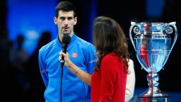 Novak Djokovic of Serbia is interviewed as he receives the ATP World Tour No. 1 trophy presented by Emiratesduring day one of the Barclays ATP World Tour Finals at O2 Arena on November 15, 2015 in London, England.