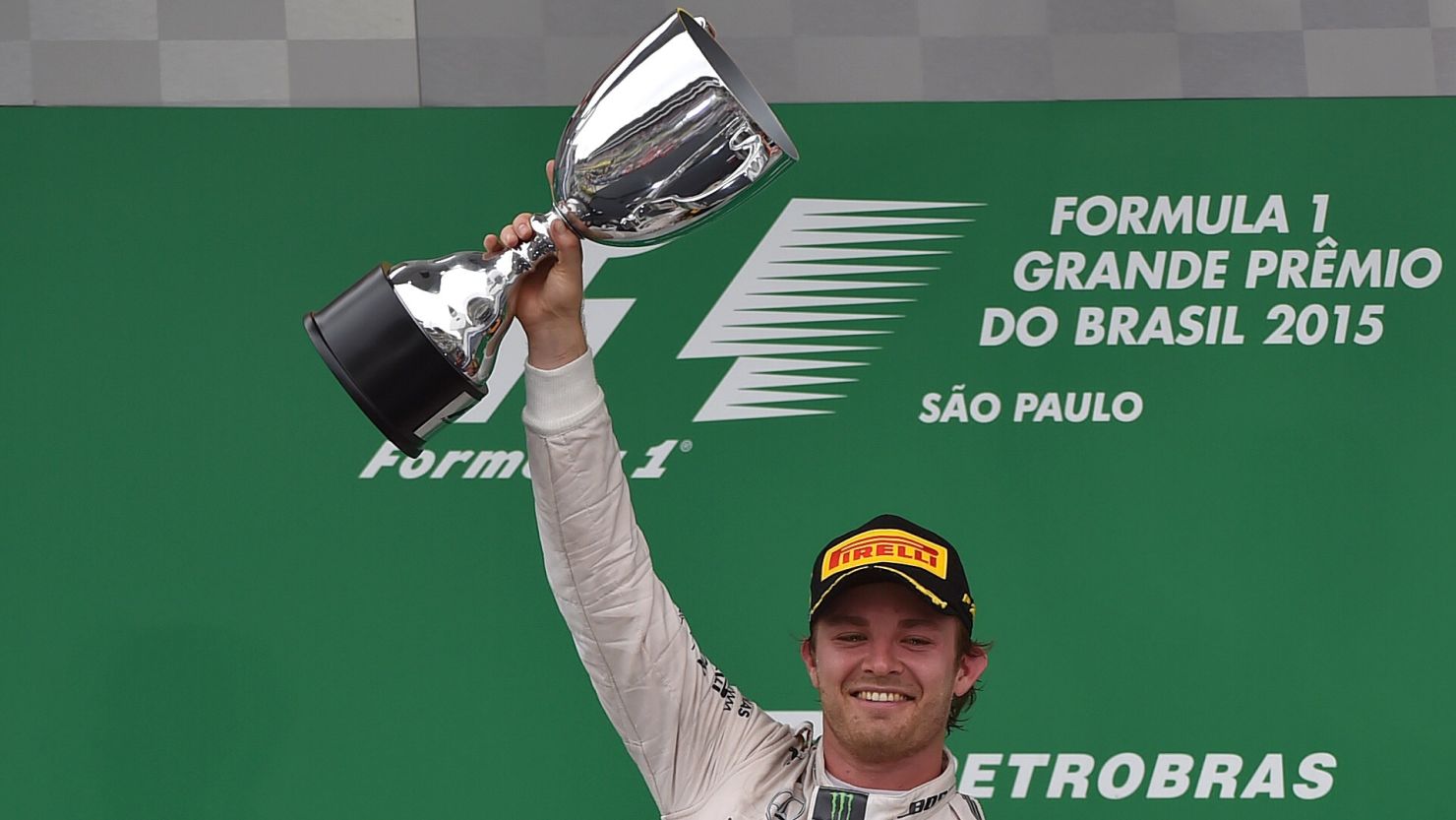 Mercedes' Formula One German driver Nico Rosberg celebrates after winning the Brazilian Grand Prix, at the Interlagos racetrack in Sao Paulo, on November 15, 2015.