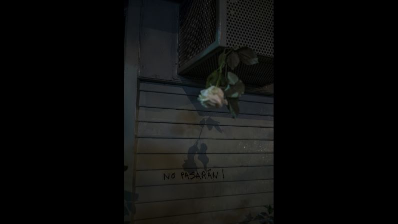 "No passaran!" is scrawled on a wall near the Bataclan music venue on November 15. The phrase translates roughly to "thou shall not pass" and refers to standing firm in the face of an enemy.