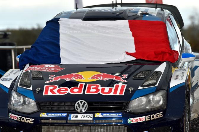 At the FIA World Rally Championship Great Britain in Deeside, Wales, The Volkswagen Polo car of French pair Sebastien Ogier and Julien Ingrassia displayed the French tricolor.