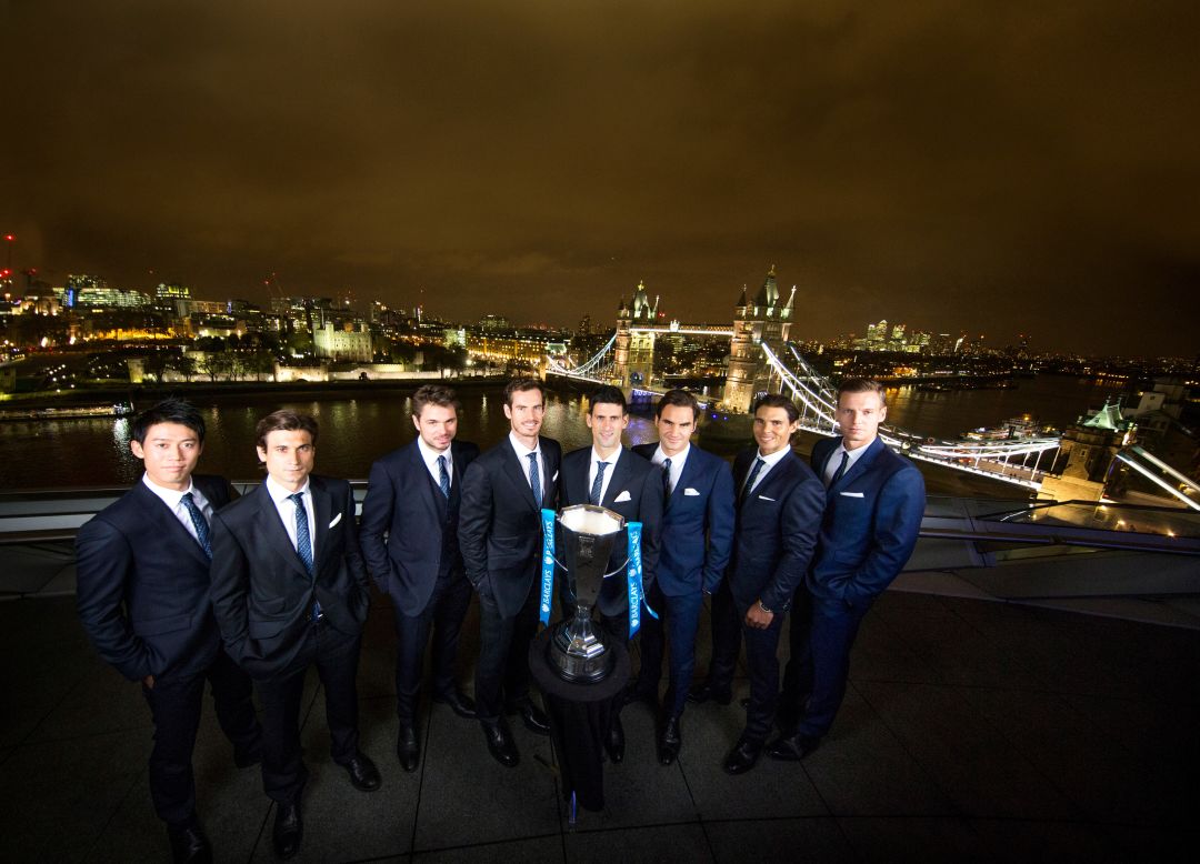 The elite eight in London, from left to right: Kei Nishikori, David Ferrer, Stan Wawrinka, Andy Murray, Novak Djokovic, Roger Federer, Rafael Nadal and Tomas Berdych. 