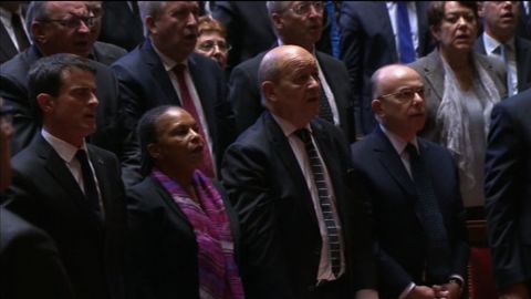 French parliament sings the "La Marseillaise" following Francoise Hollande's address to the joint session of French Parliament just days after the Paris terror attacks killed over 100 people.