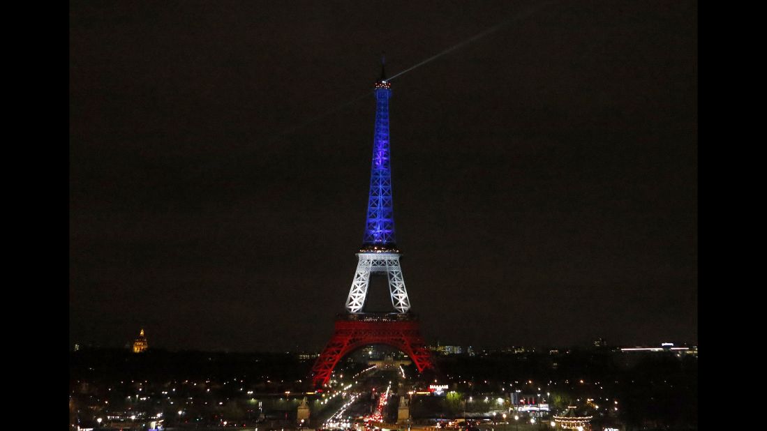 The Eiffel Tower in Paris is illuminated in the French national colors on Monday, November 16. Displays of support for the French people were evident at landmarks around the globe after the deadly terrorist attacks in Paris on Friday, November 13.