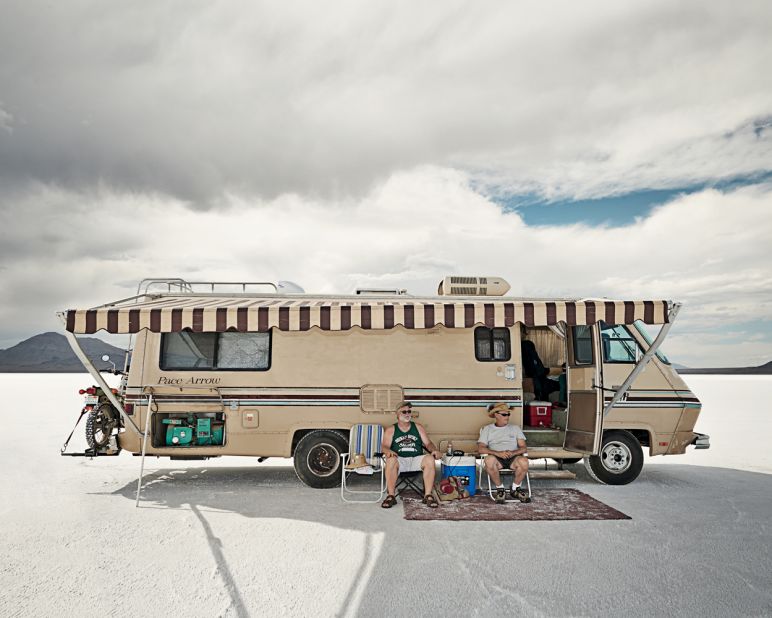 Bonneville spectators sit under the shade of their RV with cold beer. 