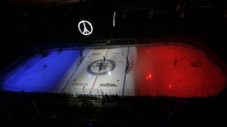 Before an NHL hockey game at New York's Madison Square Garden, a moment of silence is held Sunday, November 15, for the victims of <a href="index.php?page=&url=http%3A%2F%2Fwww.cnn.com%2F2015%2F11%2F13%2Fworld%2Fgallery%2Fparis-attacks%2Findex.html" target="_blank">the Paris terror attacks.</a>
