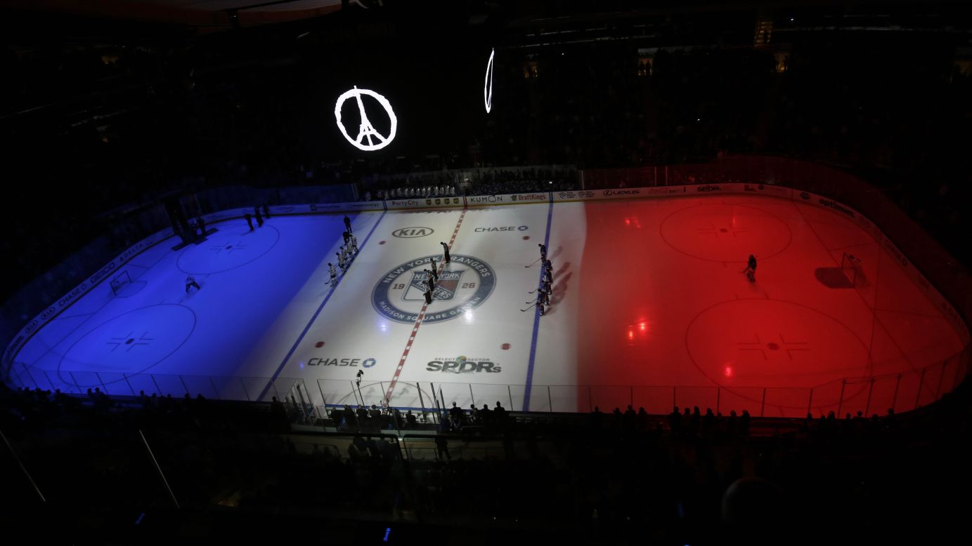 Before an NHL hockey game at New York's Madison Square Garden, a moment of silence is held Sunday, November 15, for the victims of <a href="http://www.cnn.com/2015/11/13/world/gallery/paris-attacks/index.html" target="_blank">the Paris terror attacks.</a>