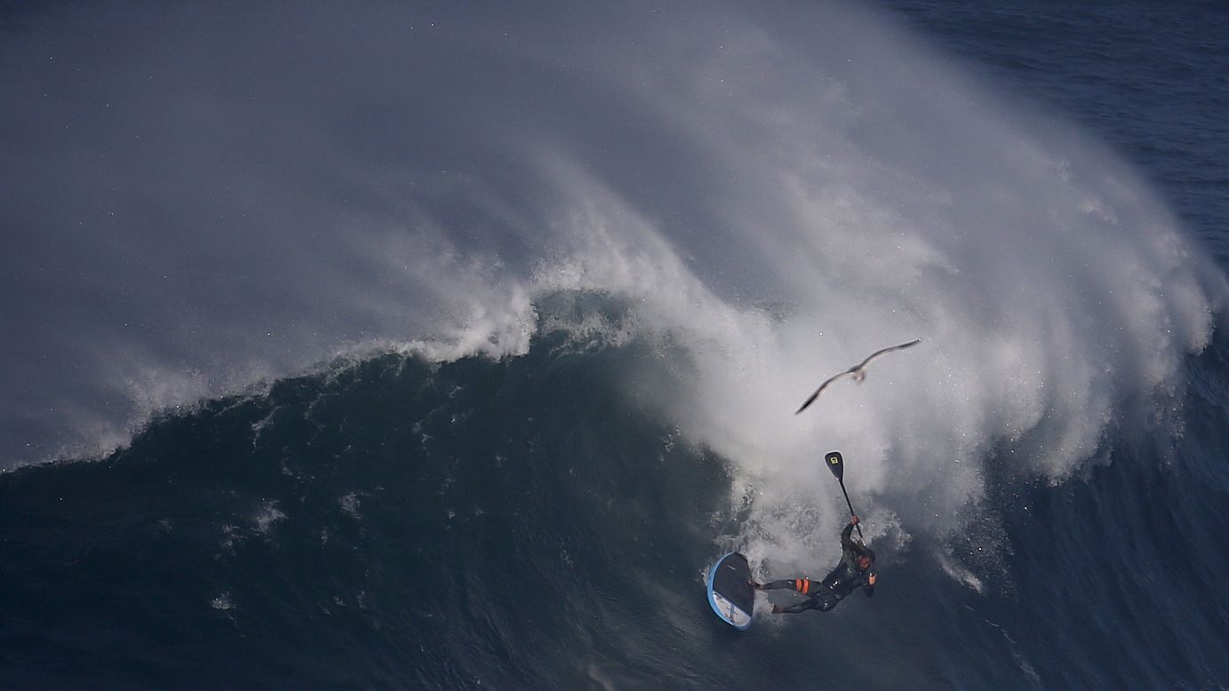 Big-wave surfer Kealii Mamala wipes out at Praia do Norte, Portugal, on Friday, November 13.