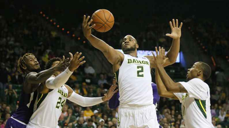 Baylor's Rico Gathers collects a rebound during a game in Waco, Texas, on Friday, November 13. Gathers had 18 points and seven rebounds as Baylor defeated Stephen F. Austin 97-55.