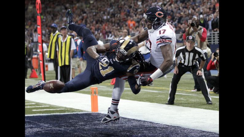 St. Louis Rams cornerback Janoris Jenkins, left, breaks up a pass intended for Chicago wide receiver Alshon Jeffery during an NFL game in St. Louis on Sunday, November 15.