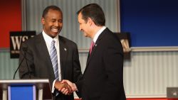 MILWAUKEE, WI - NOVEMBER 10:  Presidential candidate Ben Carson (L) shakes hands with Sen. Ted Cruz (R-TX), after the Republican Presidential Debate sponsored by Fox Business and the Wall Street Journal at the Milwaukee Theatre November 10, 2015 in Milwaukee, Wisconsin. The fourth Republican debate is held in two parts, one main debate for the top eight candidates, and another for four other candidates lower in the current polls.  (Photo by Scott Olson/Getty Images)