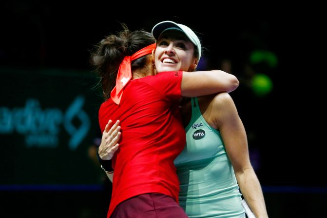 Mirza gained in popularity last year after teaming up with Martina Hingis, right. They won the year-end championships in Singapore in early November and ended 2015 with 22 straight wins. 