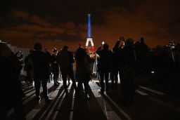 The Eiffel Tower is illuminated in Red, White and Blue in honour of the victims of Friday's terrorist attacks in Paris. 