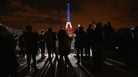 The Eiffel Tower is illuminated in Red, White and Blue in honour of the victims of Friday's terrorist attacks in Paris.