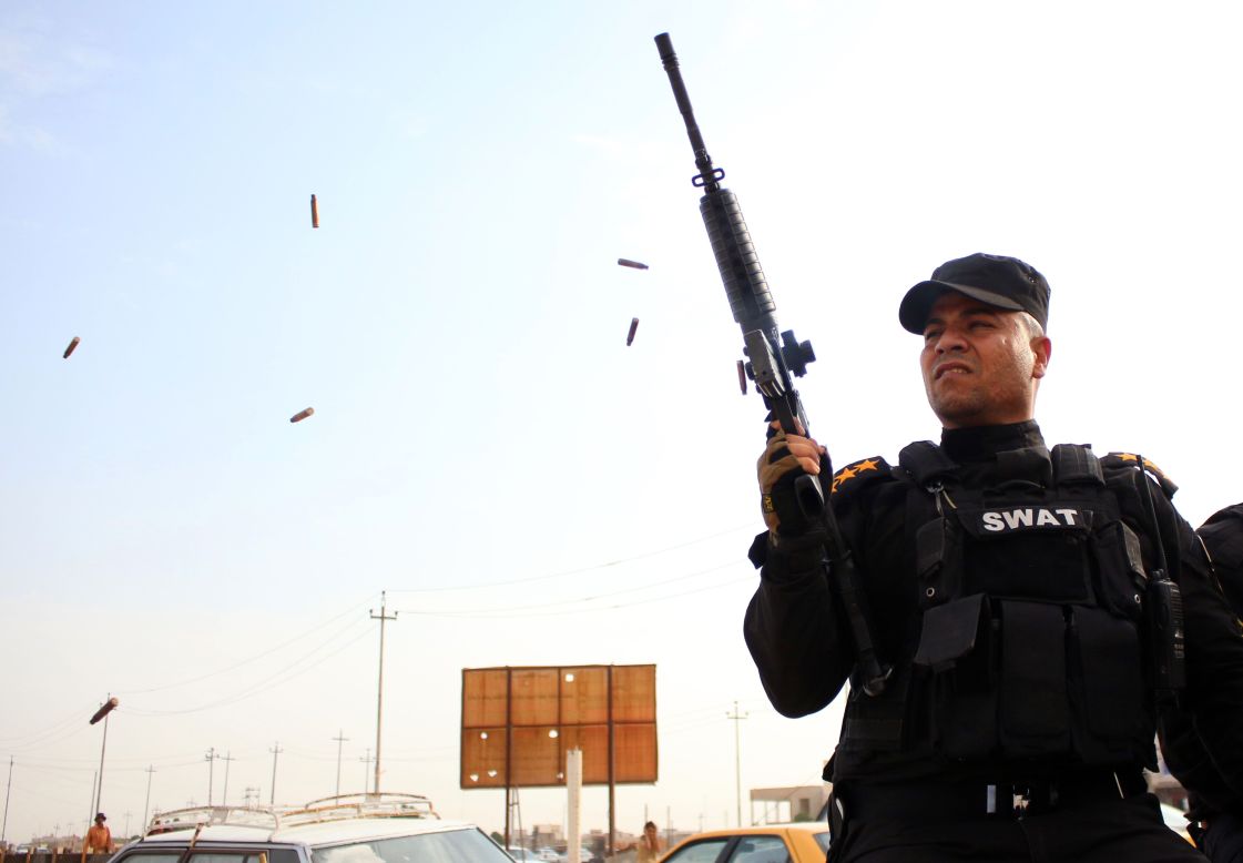 A member of the Iraqi security forces fires ammunition in Baghdad in 2014 during a funeral procession of an Iraqi politician. The deadliest city in the world for terrorism is Baghdad. There were 2,454 deaths in Baghdad in 2014, with a death rate from terrorism of 43 per 100,000 people. 
