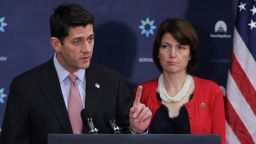 Speaker of the House Paul Ryan (R-WI) (L) answers reporters' questions during a news briefing with Rep. Cathy McMorris Rogers (R-WA) following the weekly Republican Conference meeting at the U.S. Capitol November 16, 2015 in Washington, D.C.