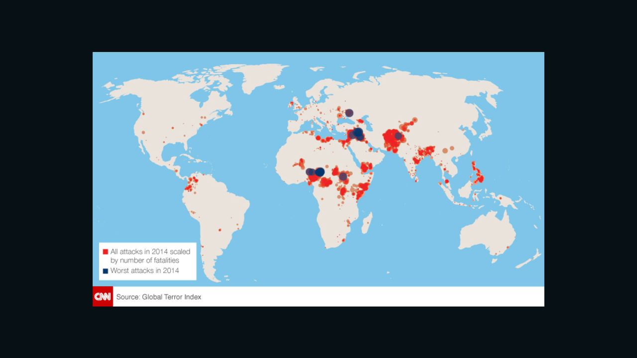 Terrorist attacks went up by 80% in 2014, though 78% of them were in five countries.