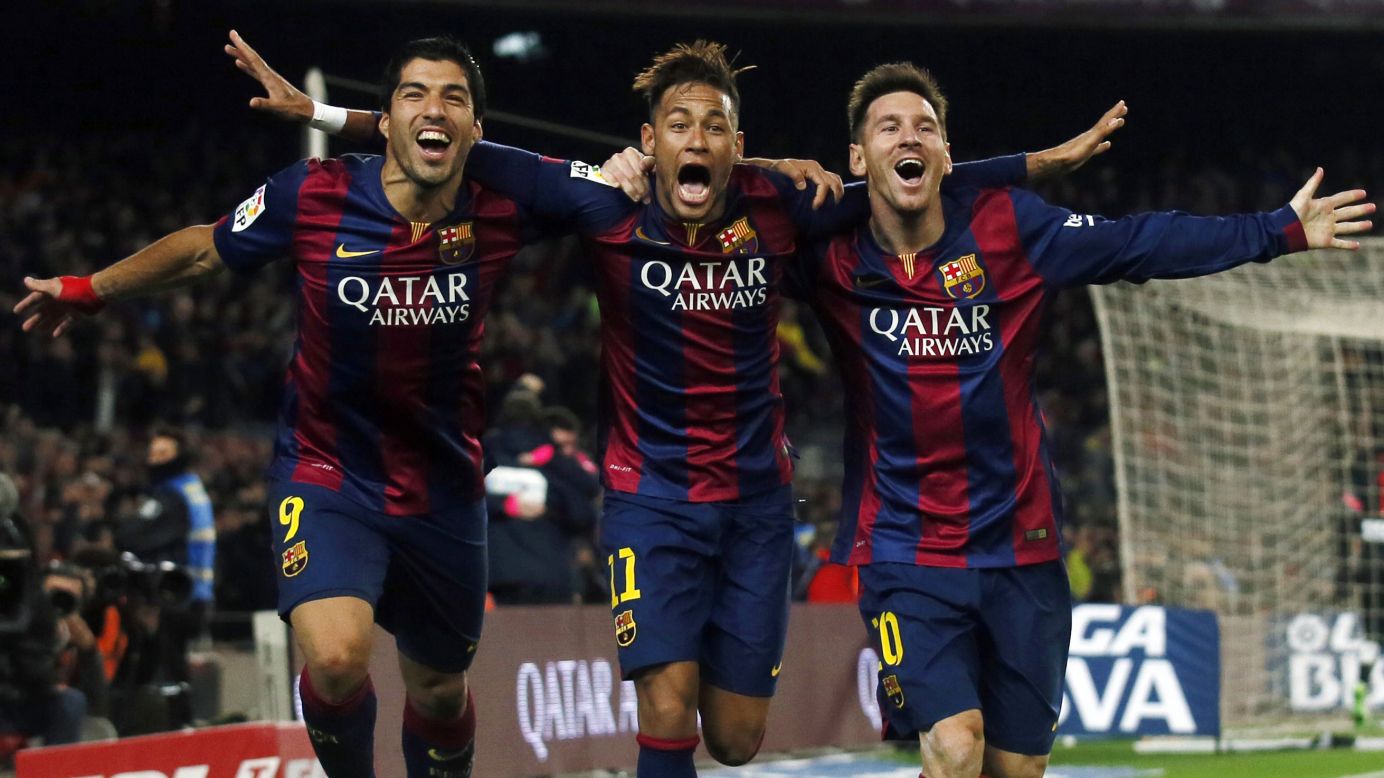 FC Barcelona's talented attacking trio -- from left, Luis Suarez, Neymar and Lionel Messi -- celebrate a goal during a league match in Barcelona, Spain, on Sunday, January 11. Barcelona defeated Atletico Madrid 3-1.