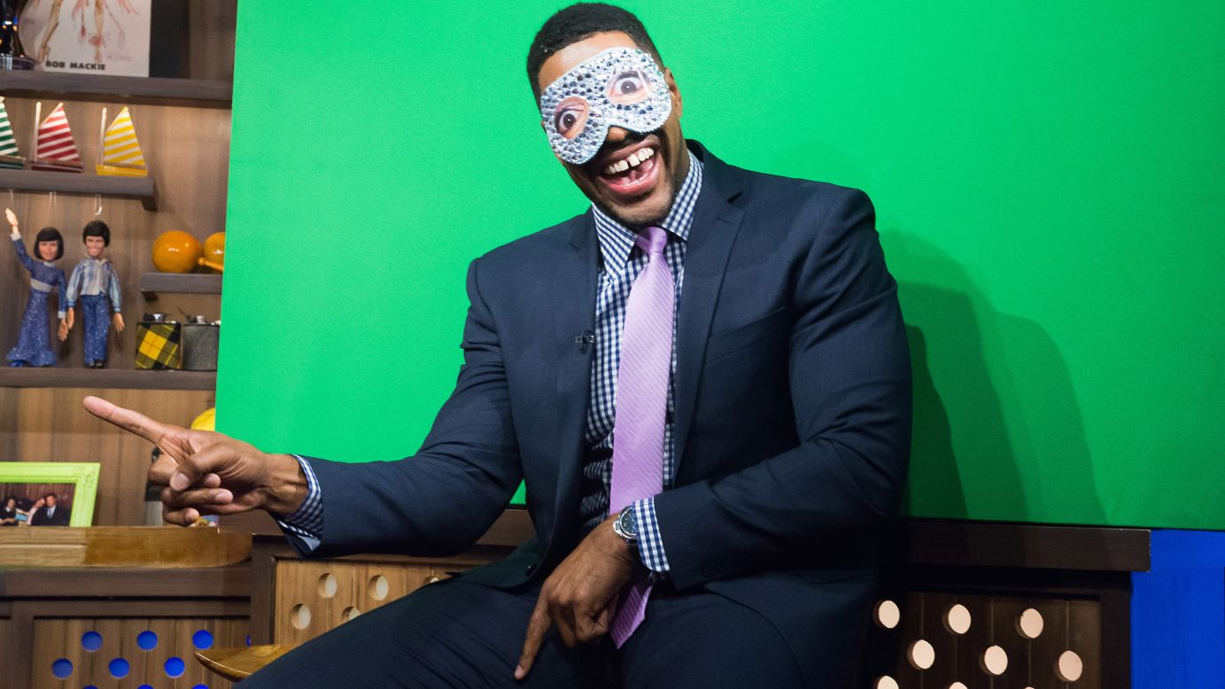 Television personality Michael Strahan clowns around on the set of Bravo's "Watch What Happens Live" on Thursday, October 15.