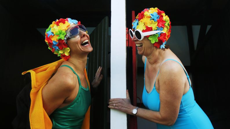 Women prepare to get into the pool at the Cold Water Swimming Championships, which were held Saturday, January 24, in London.