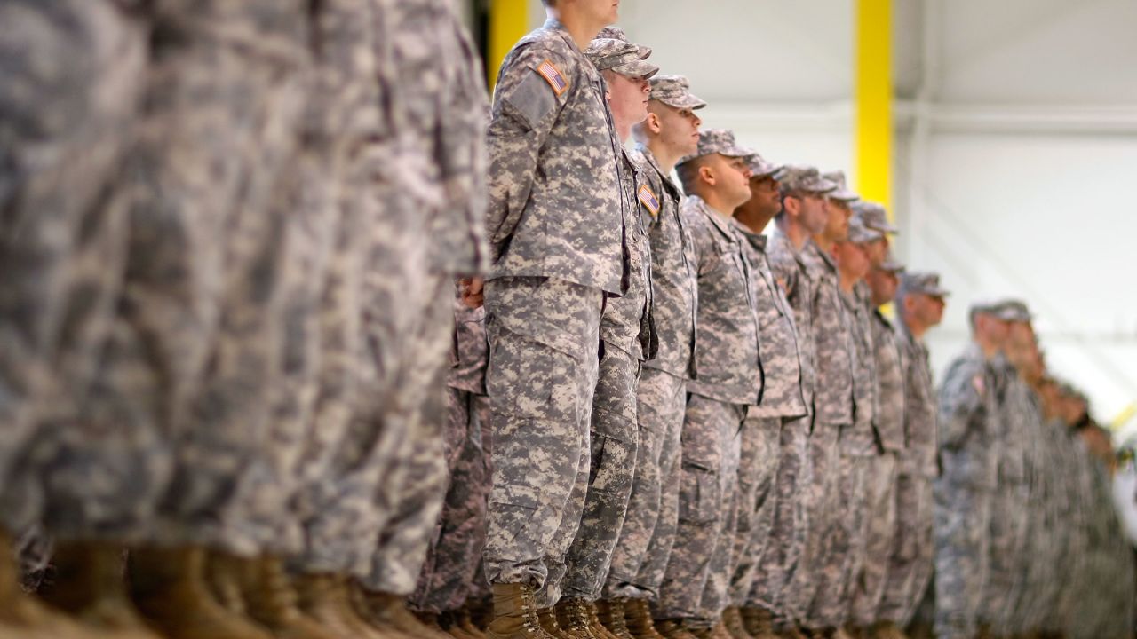 U.S. Army Florida National Guard members of the 53rd Infantry Brigade Combat Team stand in formation during a deployment ceremony on January 5, 2010 in Fort Lauderdale, Florida.