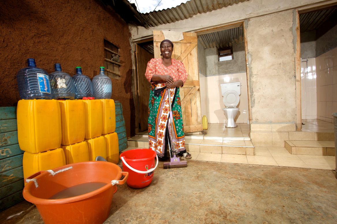 Maka, 50, lives in Kibera in Nairobi. Her toilet is a stone walled pour-flush toilet, which is connected to the sewer.She says: "My toilet was very expensive to construct, but my son who works in Saudi Arabia helped me to pay for it. It is much better for my mother, who is very elderly and cannot walk to the public toilets, which are outside our compound. I am very happy because I have a beautiful clean toilet."