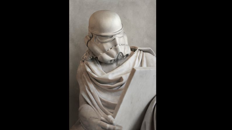Durden's starting points were classical nudes at the Louvre in Paris. The artist photographed Grecian statues at the famous museum before digitally sculpting his own versions from faux marble. His creations have us questioning everything: Can stormtroopers even read? Are they into classics? What would Aristotle say about their futile attempts to quash the Rebel Alliance?