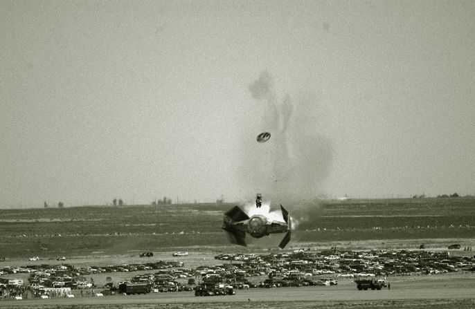 Thierry Vivien appropriates actual historical events with aircraft from the Star Wars universe. In 2003, Captain Chris Stricklin crashed his F-16 fighter jet at an air show in Idaho, pulling the ejector seat 0.8 seconds before the plane hit the ground. We don't know whether TIE fighters came with similar apparatus, but if the<a href="index.php?page=&url=http%3A%2F%2Fedition.cnn.com%2F2015%2F10%2F19%2Fentertainment%2Fstar-wars-force-awakens-final-trailer-feat%2F"> Force Awakens trailer </a>is anything to go by, Finn needs one.