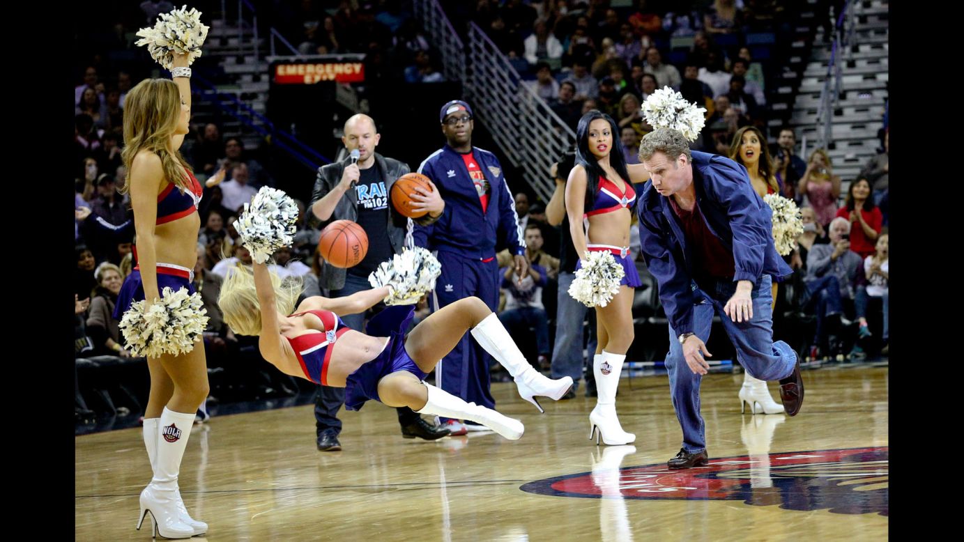 Actor Will Ferrell hits an actress with a basketball while filming a scene for a movie, "Daddy's Home," on Wednesday, January 21. The scene was shot during halftime of a New Orleans Pelicans game.
