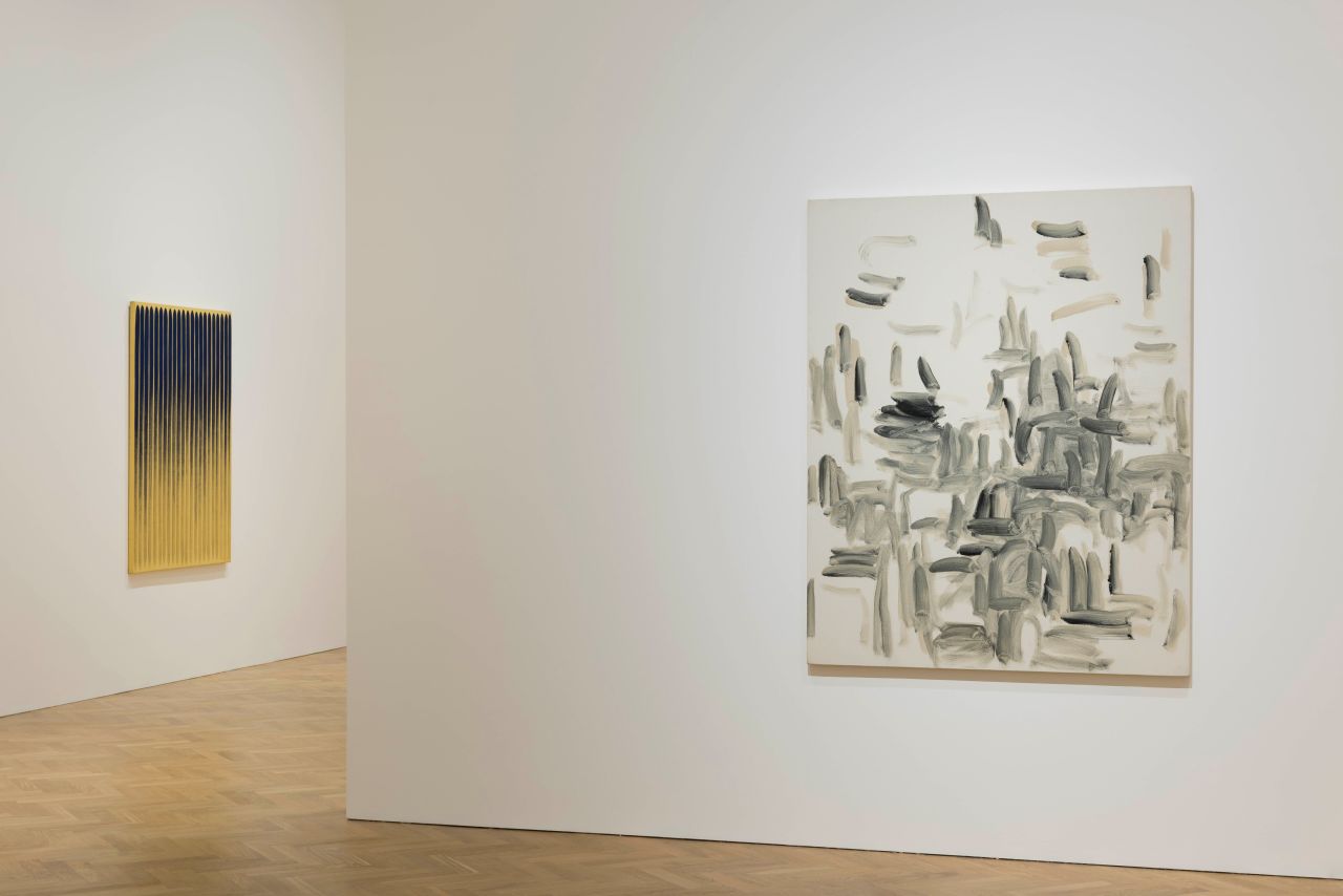 A "chaotic" painting from the series "From Wind" contrasts with the "highly organised" painting "From Line"