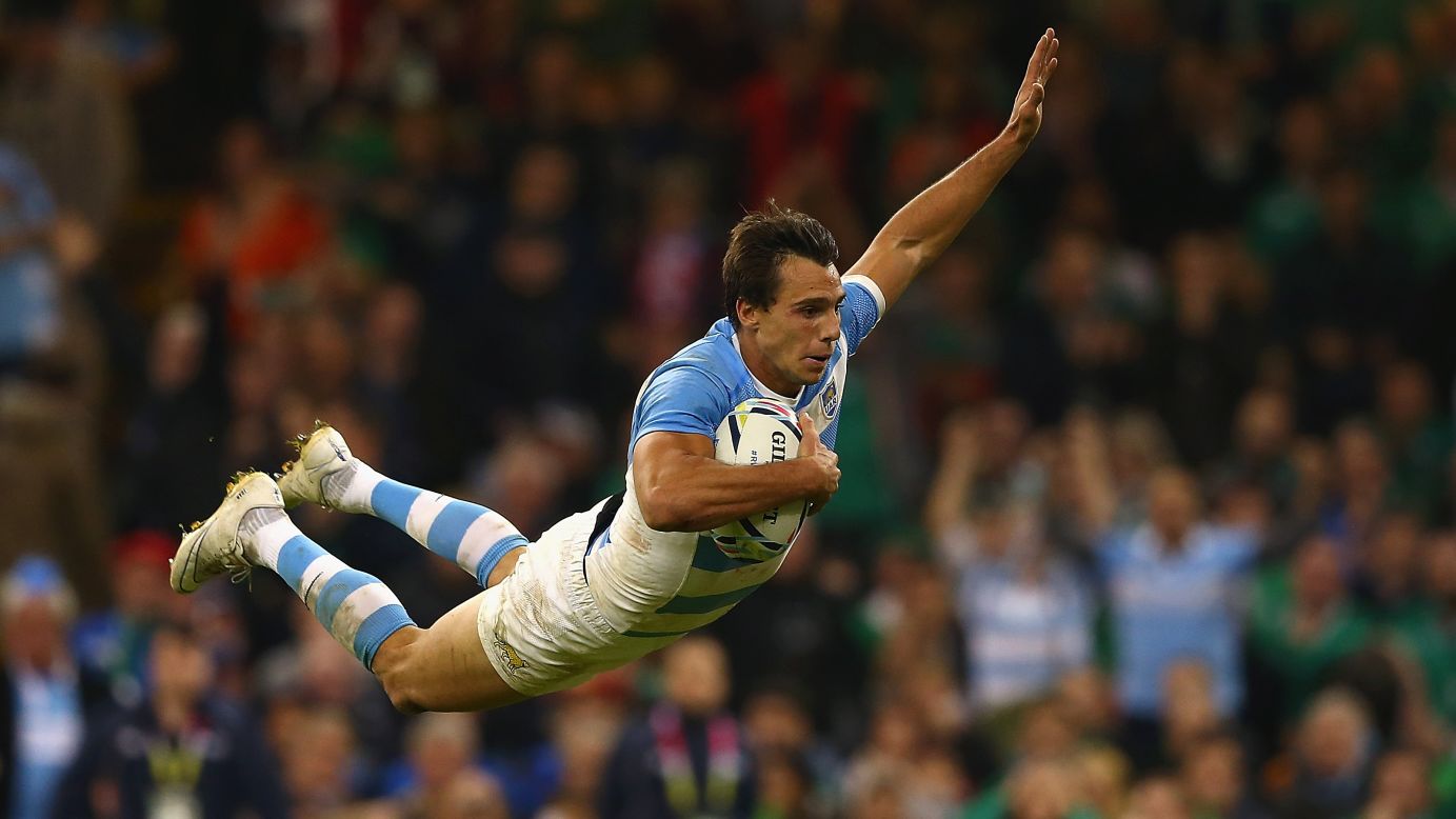 Juan Imhoff scores Argentina's fourth try during the Rugby World Cup quarterfinals on Sunday, October 18. Argentina defeated Ireland 43-20 in Cardiff, Wales.