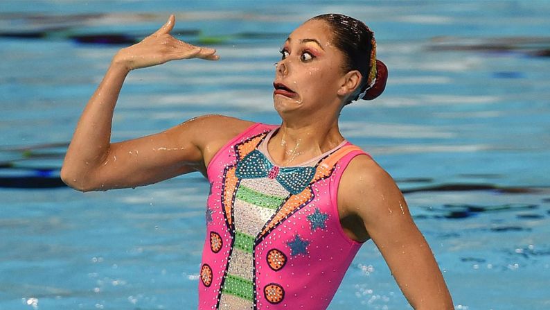 A member of Mexico's synchronized-swimming team competes at the Pan American Games in Toronto on Saturday, July 11. Mexico won silver in the event.