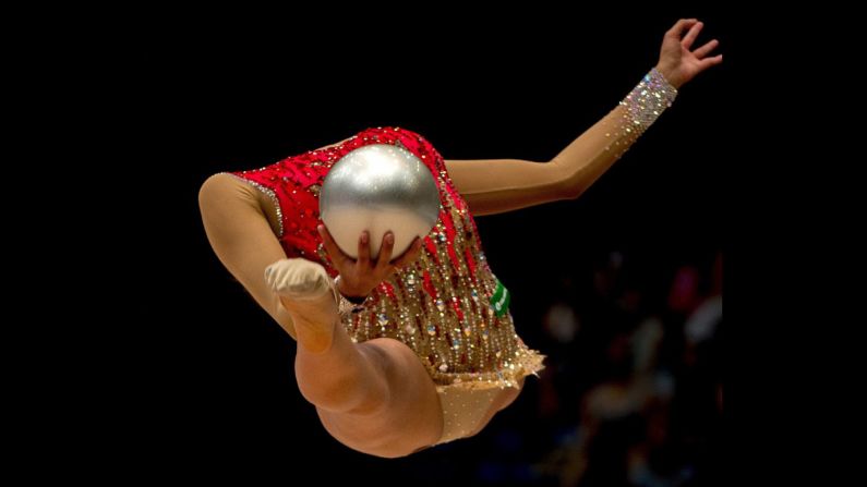 Margarita Mamun, a rhythmic gymnast from Russia, performs the ball exercise Sunday, August 9, at the World Cup event in Budapest, Hungary. The Russian placed second.