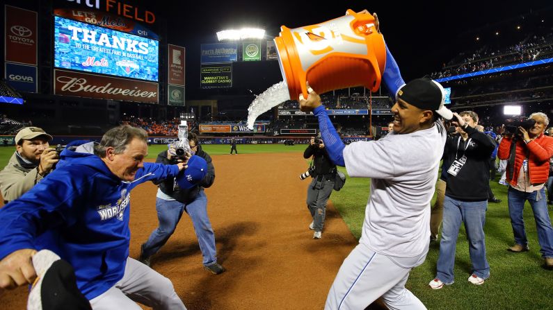 Salvador Perez douses his manager, Ned Yost, after the Kansas City Royals <a href="index.php?page=&url=http%3A%2F%2Fwww.cnn.com%2F2015%2F11%2F02%2Fus%2Fworld-series-mets-royals-game-5%2F" target="_blank">won the World Series</a> on Sunday, November 1. Perez, the Royals' catcher, was named Most Valuable Player as the Royals defeated the New York Mets by four games to one. It is Kansas City's first world title since 1985.
