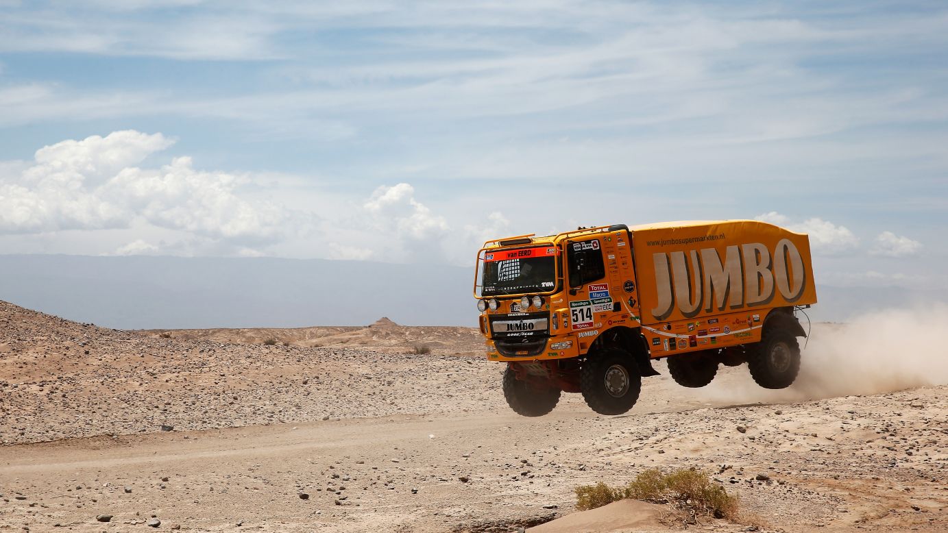 Charly Gotlib, Frits Van Eerd and Peter Vervoort ride in a jumbo truck Tuesday, January 6, during the third stage of the Dakar Rally in Argentina.