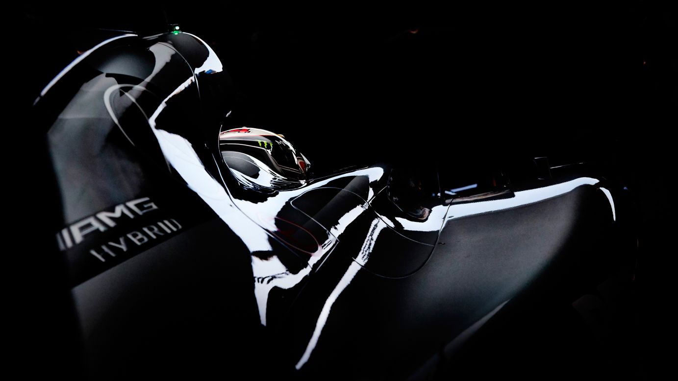 Formula One champion Lewis Hamilton sits in his car during winter testing in Jerez de la Frontera, Spain, on Wednesday, February 4.
