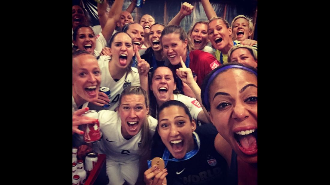 The U.S. soccer team celebrates together after winning the Women's World Cup on Sunday, July 5. "World Champions!!" <a href="https://instagram.com/p/4xwePQrJvW/" target="_blank" target="_blank">forward Christen Press said on Instagram.</a> She's at bottom holding the medal.