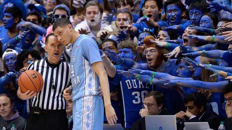 Duke basketball fans -- the "Cameron Crazies" -- taunt North Carolina's Justin Jackson before an inbounds pass Wednesday, February 18, in Durham, North Carolina.