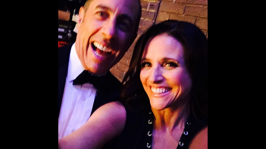Actress Julia Louis-Dreyfus <a href="https://instagram.com/p/283EBvOxm9/" target="_blank" target="_blank">takes a selfie with comedian Jerry Seinfeld</a> backstage at David Letterman's final show on Wednesday, May 20. The two former "Seinfeld" stars were among <a href="http://money.cnn.com/2015/05/20/media/david-letterman-signs-off-late-show/" target="_blank">the celebrities who delivered the show's last "Top 10" list.</a>