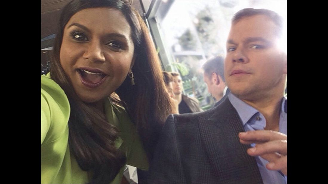 Mindy Kaling <a href="http://instagram.com/p/yk_rSKpQ0S/?modal=true" target="_blank" target="_blank">takes a selfie</a> with fellow actor Matt Damon for a Nationwide Insurance commercial that aired during the Super Bowl on Sunday, February 1. "Proof I'm not invisible. Just look at how into me he is!" said Kaling, referencing the ad's premise.
